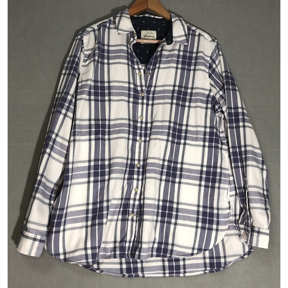Jachs Pearl Snap Shirt Women Large White Blue Plaid Button Up Long Sleeve Pocket
